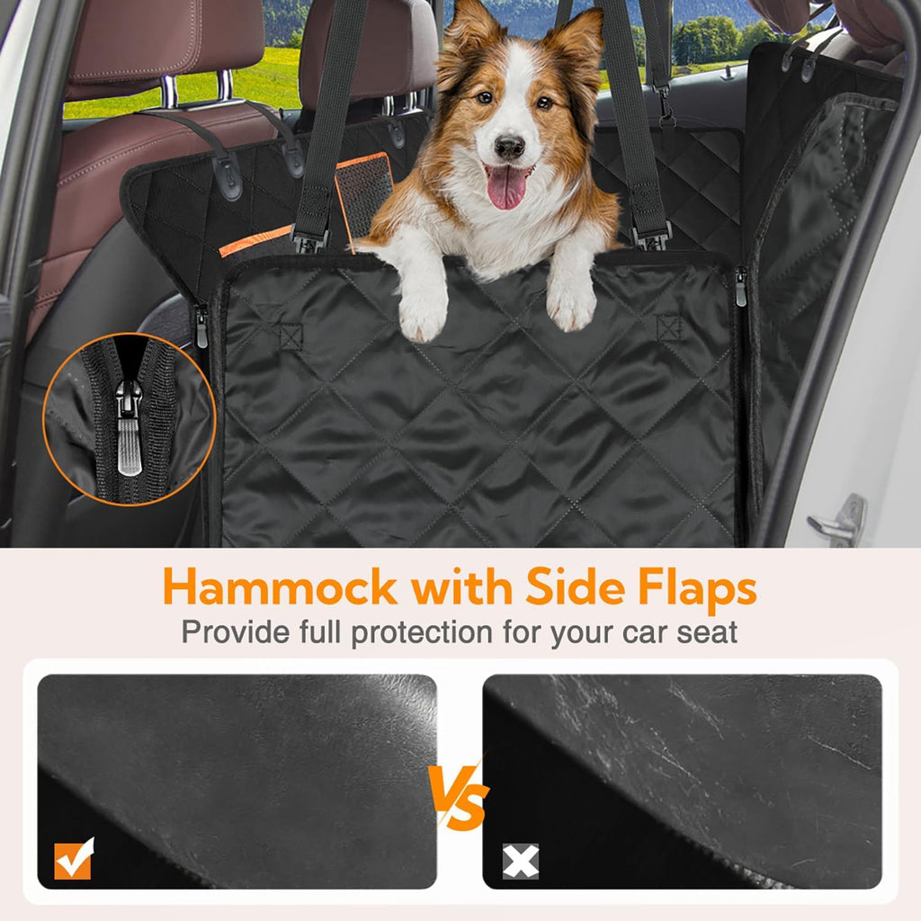 Dog Car Seat Cover for Back Seat, Waterproof Hammock for Car&Suv | Side Flaps with Zippers, Mesh Window, 600D Oxford, Anti-Scratch Nonslip Backseat Protector, Dog Seat Belt Included