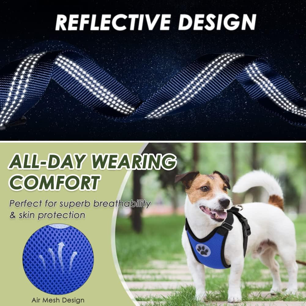Dog Seat Belt Harness for Car, Double Clip Seatbelt, Universal Fit | Adjustable, Soft Breathable Mesh Vest Harness, Reflective, Durable Elastic Tether, for Small Medium Large Dogs (Blue, M)