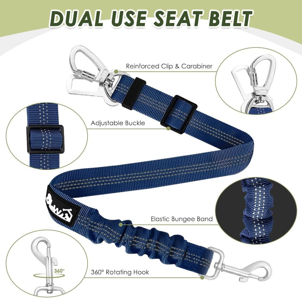 Dog Seat Belt Harness for Car, Double Clip Seatbelt, Universal Fit | Adjustable, Soft Breathable Mesh Vest Harness, Reflective, Durable Elastic Tether, for Small Medium Large Dogs (Blue, M)