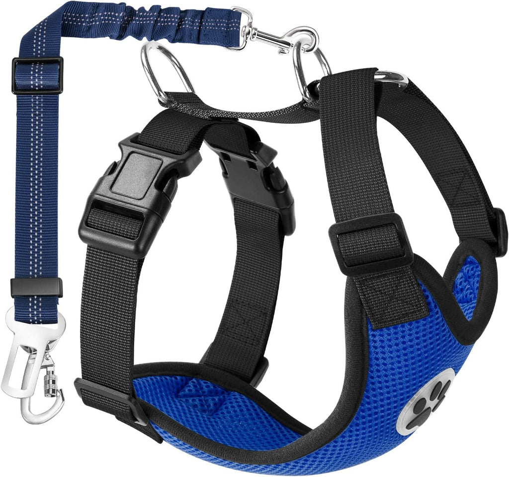 Dog Seat Belt Harness for Car, Double Clip Seatbelt, Universal Fit | Adjustable, Soft Breathable Mesh Vest Harness, Reflective, Durable Elastic Tether, for Small Medium Large Dogs (Blue, M)