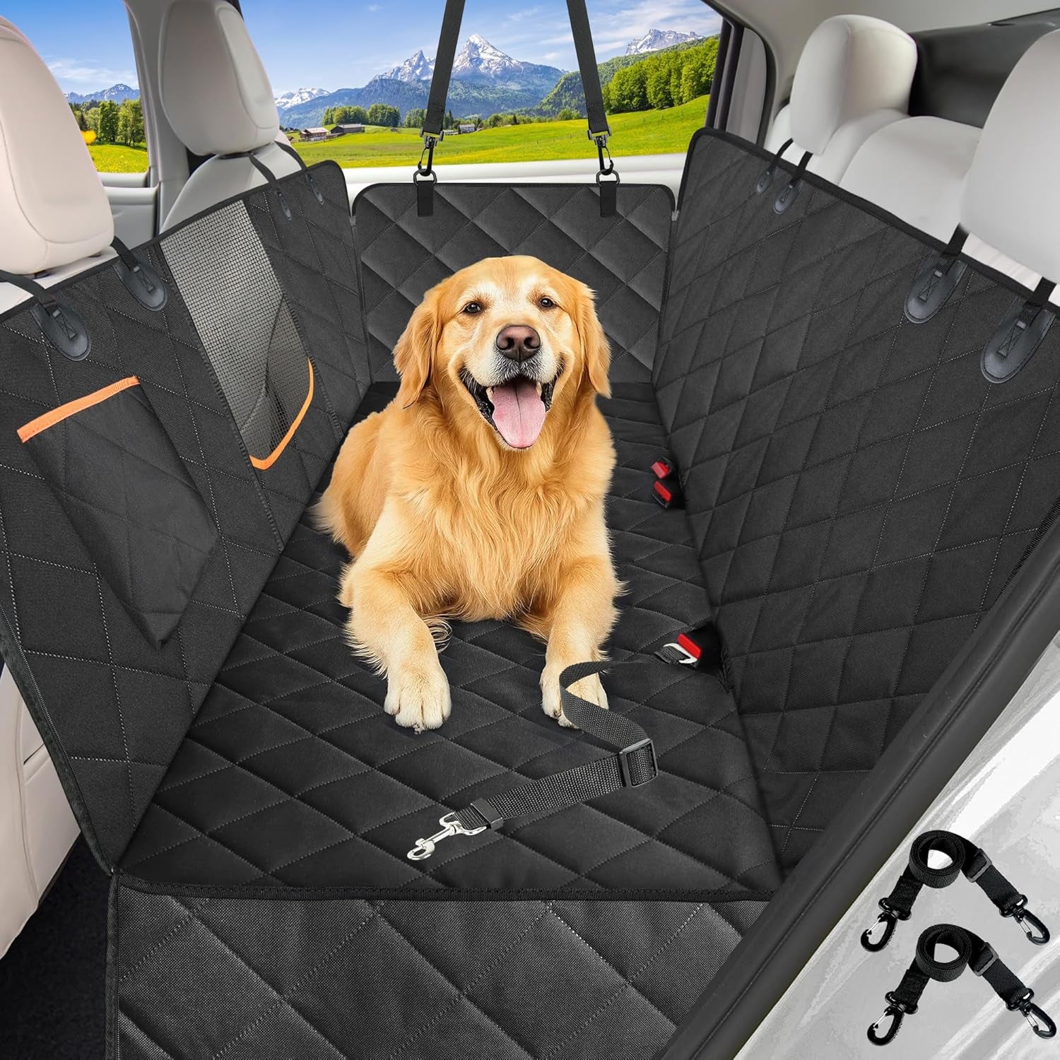 Dog Car Seat Cover for Back Seat, Waterproof Hammock for Car&Suv | Side Flaps with Zippers, Mesh Window, 600D Oxford, Anti-Scratch Nonslip Backseat Protector, Dog Seat Belt Included