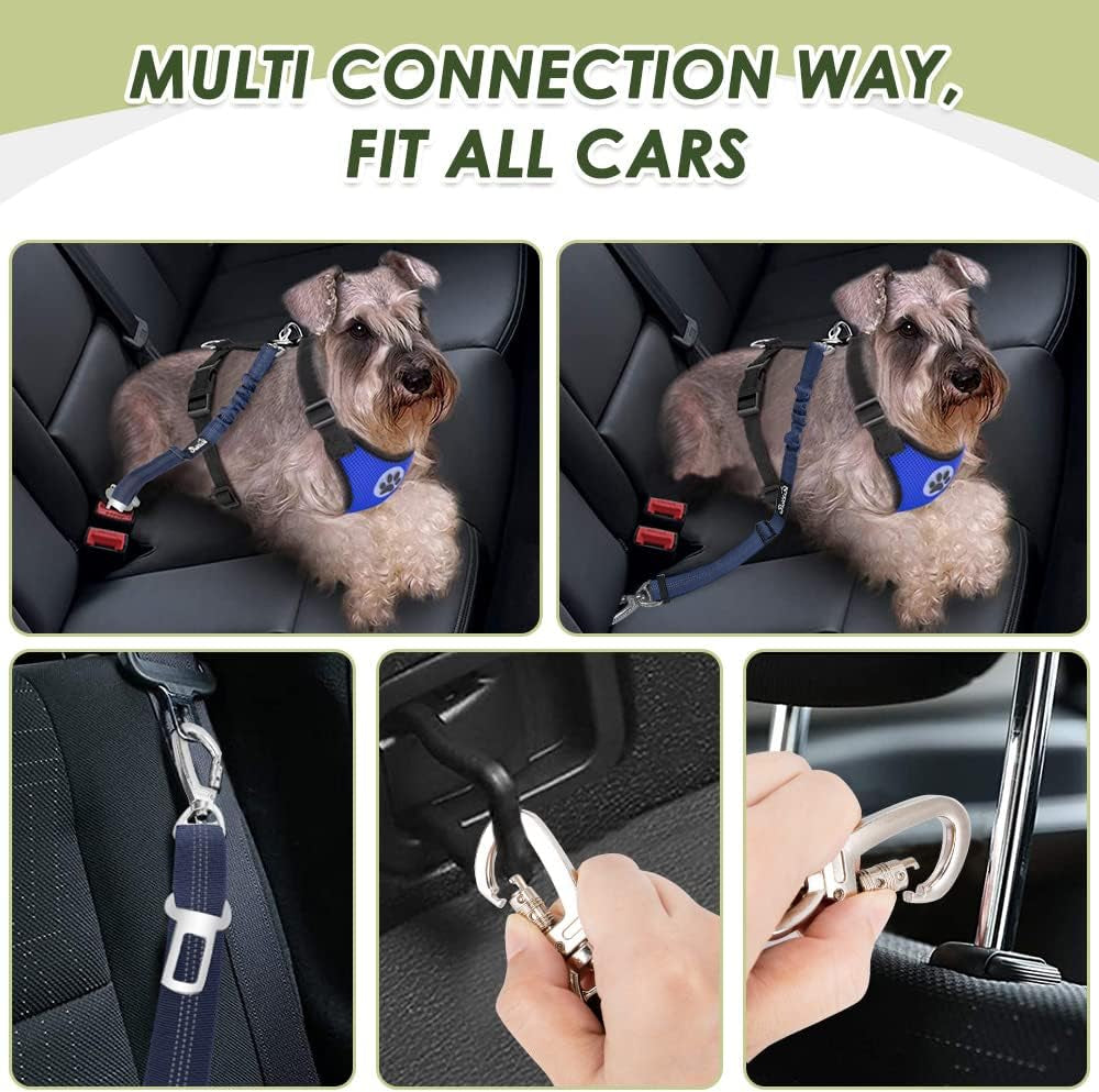 Dog Seat Belt Harness for Car, Double Clip Seatbelt, Universal Fit | Adjustable, Soft Breathable Mesh Vest Harness, Reflective, Durable Elastic Tether, for Small Medium Large Dogs (Blue, M)